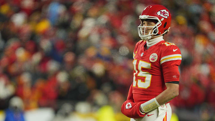 Jan 18, 2025; Kansas City, Missouri, USA; |Kansas City Chiefs quarterback Patrick Mahomes (15) looks on during the fourth quarter of a 2025 AFC divisional round game against the Houston Texans at GEHA Field at Arrowhead Stadium. Mandatory Credit: Jay Biggerstaff-Imagn Images