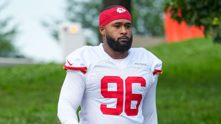 Jul 22, 2025; St. Joseph, MO, USA; Kansas City Chiefs defensive tackle Fabien Lovett Sr. (96) walks down the hill to the practice fields during training camp at Missouri Western State University. Mandatory Credit: Denny Medley-Imagn Images