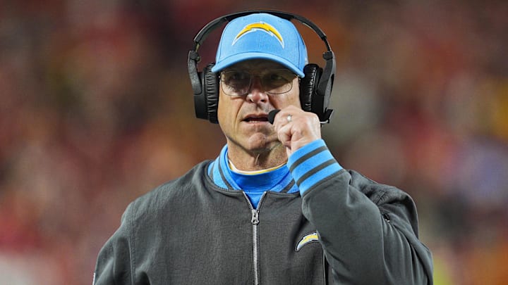Dec 8, 2024; Kansas City, Missouri, USA; Los Angeles Chargers head coach Jim Harbaugh looks on during the first half against the Kansas City Chiefs at GEHA Field at Arrowhead Stadium. Mandatory Credit: Jay Biggerstaff-Imagn Images