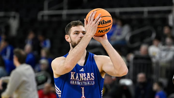 Mar 19, 2025; Providence, RI, USA; Kansas Jayhawks center Hunter Dickinson (1)  practices at Amica Mutual Pavilion. Mandatory Credit: Eric Canha-Imagn Images