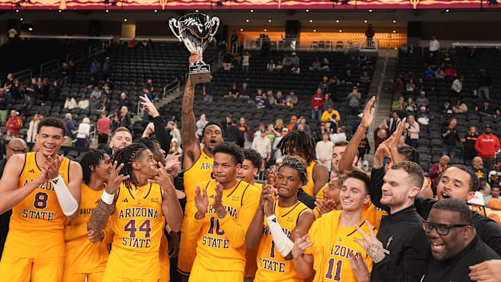 The Arizona State University basketball team celebrates after defeating Saint Mary's College in the championship game of the 2024 Acrisure Men's Classic in Palm Desert, Calif., Nov. 29, 2024.