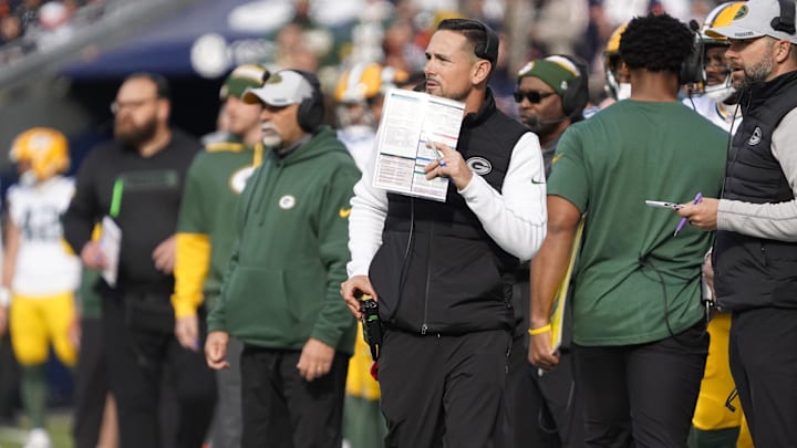 Nov 17, 2024; Chicago, Illinois, USA; Green Bay Packers head coach Matt LaFleur on the sidelines against the Chicago Bears during the first half at Soldier Field.