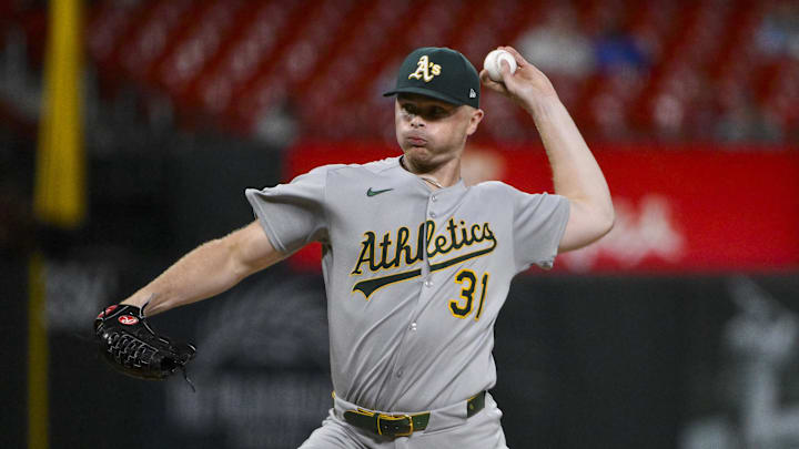 Sep 2, 2025; St. Louis, Missouri, USA; Athletics relief pitcher Sean Newcomb (31) pitches against the St. Louis Cardinals during the eighth inning at Busch Stadium. Mandatory Credit: Jeff Curry-Imagn Images Sep 2, 2025; St. Louis, Missouri, USA; Athletics relief pitcher Sean Newcomb (31) pitches against the St. Louis Cardinals during the eighth inning at Busch Stadium. Mandatory Credit: Jeff Curry-Imagn Images