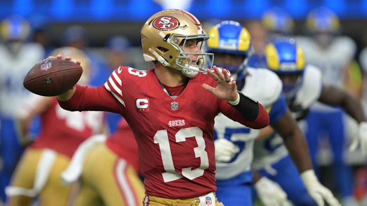 Sep 22, 2024; Inglewood, California, USA;  San Francisco 49ers quarterback Brock Purdy (13) throws a pass in the second half against the Los Angeles Rams at SoFi Stadium. Mandatory Credit: Jayne Kamin-Oncea-Imagn Images