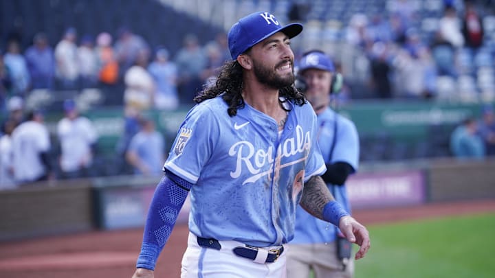 Apr 10, 2025; Kansas City, Missouri, USA; Kansas City Royals third baseman Jonathan India (6) reacts after being doused after the win over the Minnesota Twins at Kauffman Stadium. Mandatory Credit: Denny Medley-Imagn Images Apr 10, 2025; Kansas City, Missouri, USA; Kansas City Royals third baseman Jonathan India (6) reacts after being doused after the win over the Minnesota Twins at Kauffman Stadium. Mandatory Credit: Denny Medley-Imagn Images