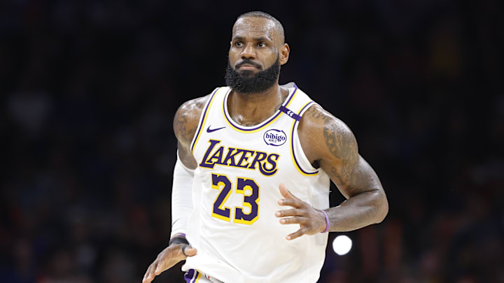 Apr 6, 2025; Oklahoma City, Oklahoma, USA;Los Angeles Lakers forward LeBron James (23) reacts after scoring against the Oklahoma City Thunder during the second half at Paycom Center. Mandatory Credit: Alonzo Adams-Imagn Images