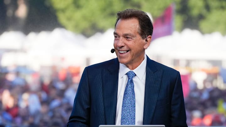 Oct. 4, 2025; Tuscaloosa, Alabama, USA; Former Alabama coach Nick Saban smiles as he is on set during ESPN’s College GameDay on location on the Quad at the University of Alabama before the Alabama versus Vanderbilt game.