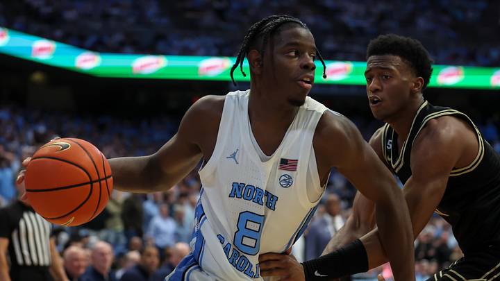 Jan 10, 2026; Chapel Hill, North Carolina, USA; North Carolina Tar Heels forward Caleb Wilson (8) goes to the basket against the Wake Forest Demon Deacons during the second half at Dean E. Smith Center. Mandatory Credit: Cory Knowlton-Imagn Images