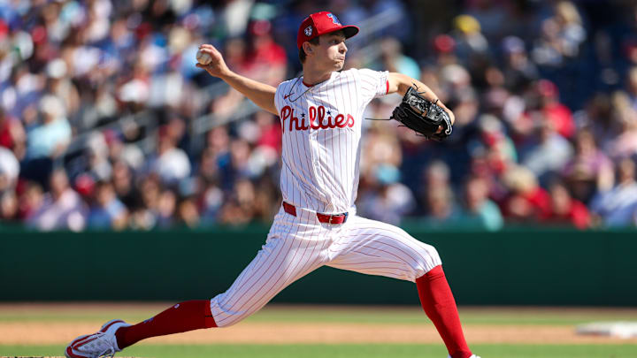 Feb 25, 2024; Clearwater, Florida, USA;  Philadelphia Phillies pitcher Mick Abel (74) throws a pitch against the New York Yankees in the sixth inning  at BayCare Ballpark. Mandatory Credit: Nathan Ray Seebeck-Imagn Images