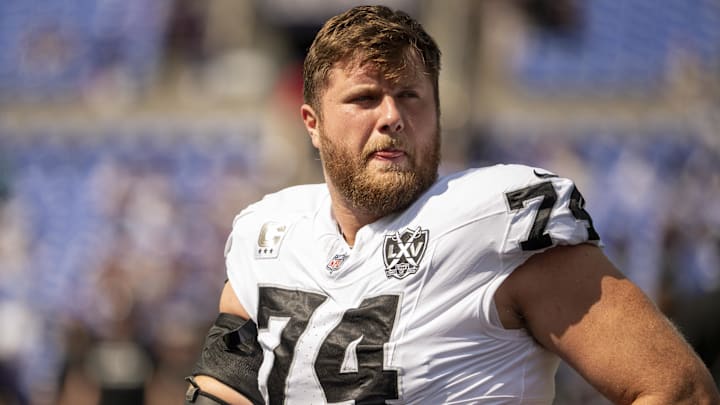 Sep 15, 2024; Baltimore, Maryland, USA; Las Vegas Raiders offensive tackle Kolton Miller (74) before the game against the Baltimore Ravens at M&T Bank Stadium. Mandatory Credit: Tommy Gilligan-Imagn Images Sep 15, 2024; Baltimore, Maryland, USA; Las Vegas Raiders offensive tackle Kolton Miller (74) before the game against the Baltimore Ravens at M&T Bank Stadium. Mandatory Credit: Tommy Gilligan-Imagn Images