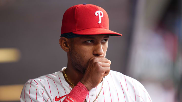 May 12, 2025; Philadelphia, Pennsylvania, USA; Philadelphia Phillies outfielder Johan Rojas (23) looks on before the game against the St. Louis Cardinals at Citizens Bank Park. Mandatory Credit: Kyle Ross-Imagn Images May 12, 2025; Philadelphia, Pennsylvania, USA; Philadelphia Phillies outfielder Johan Rojas (23) looks on before the game against the St. Louis Cardinals at Citizens Bank Park. Mandatory Credit: Kyle Ross-Imagn Images