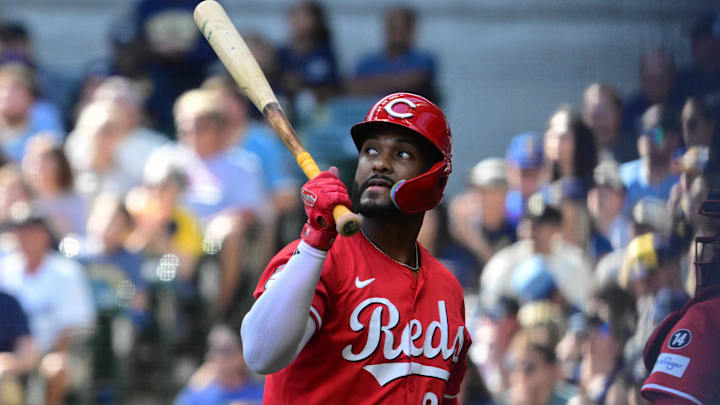 Sep 28, 2025; Milwaukee, Wisconsin, USA; Cincinnati Reds designated hitter Miguel Andujar (38) reacts after striking out in the first inning against the Milwaukee Brewers at American Family Field. Mandatory Credit: Benny Sieu-Imagn Images Sep 28, 2025; Milwaukee, Wisconsin, USA; Cincinnati Reds designated hitter Miguel Andujar (38) reacts after striking out in the first inning against the Milwaukee Brewers at American Family Field. Mandatory Credit: Benny Sieu-Imagn Images