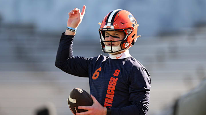 Nov 9, 2024; Chestnut Hill, Massachusetts, USA; Syracuse Orange quarterback Kyle McCord (6) signals before a game against the Boston College Eagles  at Alumni Stadium.