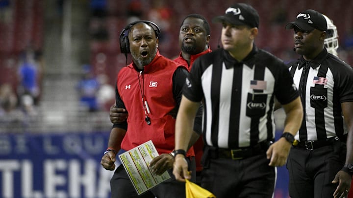 Jun 8, 2025; St. Louis, MO, USA; DC Defenders head coach Shannon Harris reacts to a penalty called during the during the second quarter of the XFL Conference Championship game against the St. Louis Battlehawks at The Dome at America’s Center. Mandatory Credit: Jeff Le-Imagn Images