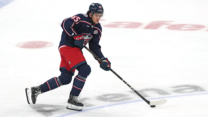 Blue Jackets center Luca del bel Belluz skates with the puck. Blue Jackets center Luca del bel Belluz skates with the puck.