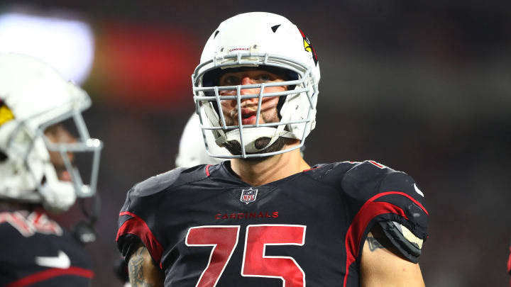 Nov 9, 2017; Glendale, AZ, USA; Arizona Cardinals guard Alex Boone (75) against the Seattle Seahawks at University of Phoenix Stadium. Mandatory Credit: Mark J. Rebilas-USA TODAY Sports