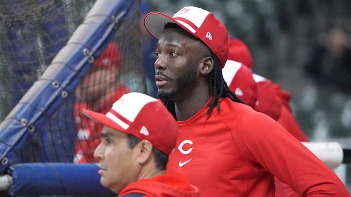 Reds shortstop Elly De La Cruz waits his turn in the batting cage before a game against the Milwaukee Brewers at American Family Field. 