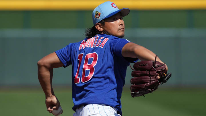 Feb 24, 2026; Mesa, Arizona, USA; Chicago Cubs pitcher Shota Imanaga (18) throws to the plate in the first inning against the San Diego Padres at Sloan Park. Mandatory Credit: Rick Scuteri-Imagn Images Feb 24, 2026; Mesa, Arizona, USA; Chicago Cubs pitcher Shota Imanaga (18) throws to the plate in the first inning against the San Diego Padres at Sloan Park. Mandatory Credit: Rick Scuteri-Imagn Images