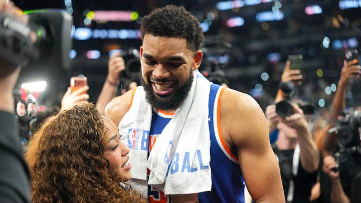 Jun 5, 2026; San Antonio, Texas, USA; New York Knicks center Karl-Anthony Towns (32) walks off the court after the Knicks defeat the San Antonio Spurs in game two of the 2026 NBA Finals at Frost Bank Center. Mandatory Credit: Scott Wachter-Imagn Images