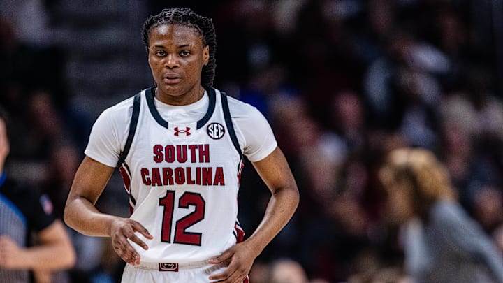 South Carolina Gamecocks guard MiLaysia Fulwiley (12) runs back during a February 8, 2024 game. South Carolina Gamecocks guard MiLaysia Fulwiley (12) runs back during a February 8, 2024 game.