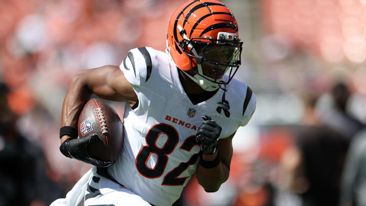 Sep 7, 2025; Cleveland, Ohio, USA; Cincinnati Bengals wide receiver Mitchell Tinsley (82) warms up before a game against the Cleveland Browns at Huntington Bank Field. Mandatory Credit: Scott Galvin-Imagn Images