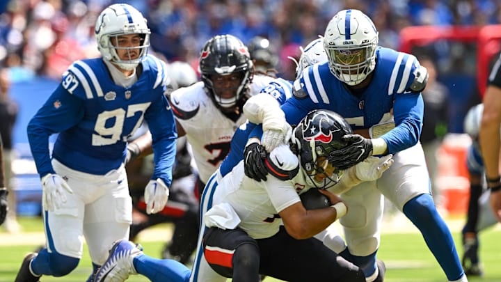 Sep 8, 2024; Indianapolis, Indiana, USA; Houston Texans quarterback C.J. Stroud (7) is sacked by Indianapolis Colts defensive end Dayo Odeyingbo (54) during the second half at Lucas Oil Stadium. Mandatory Credit: Marc Lebryk-Imagn Images Sep 8, 2024; Indianapolis, Indiana, USA; Houston Texans quarterback C.J. Stroud (7) is sacked by Indianapolis Colts defensive end Dayo Odeyingbo (54) during the second half at Lucas Oil Stadium. Mandatory Credit: Marc Lebryk-Imagn Images