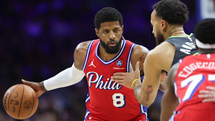 Apr 3, 2026; Philadelphia, Pennsylvania, USA; Philadelphia 76ers forward Paul George (8) dribbles the ball against the Minnesota Timberwolves during the second quarter at Xfinity Mobile Arena. Mandatory Credit: Bill Streicher-Imagn Images