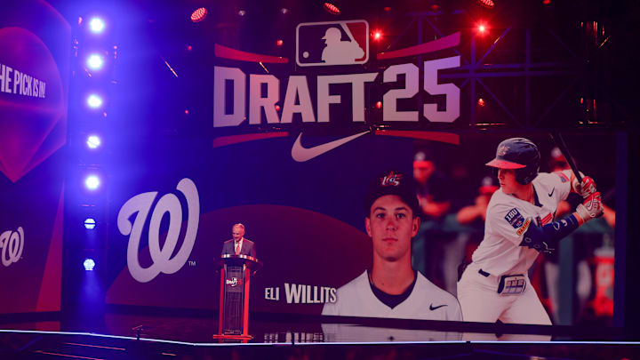 Jul 13, 2025; Atlanta, GA, USA; Eli Willits is drafted by the Washington Nationals with the first pick during the first round of the MLB Draft at The Coca-Cola Roxy.