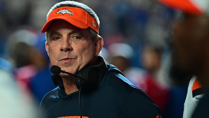 Aug 11, 2024; Indianapolis, Indiana, USA;  Denver Broncos Head Coach Sean Payton stands near the bench before the game against the Indianapolis Colts at Lucas Oil Stadium. 