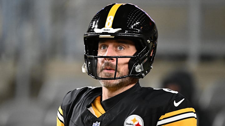 Jan 12, 2026; Pittsburgh, PA, USA; Pittsburgh Steelers quarterback Aaron Rodgers (8) warms up before an AFC Wild Card Round game against the Houston Texans at Acrisure Stadium. Mandatory Credit: Barry Reeger-Imagn Images