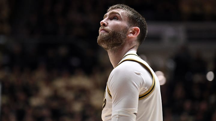 Purdue Boilermakers guard Braden Smith (3) looks up at the scoreboard.
