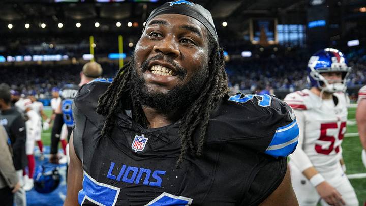 Detroit Lions defensive tackle Alim McNeill (54) celebrates 34-27 win over New York Giants at Ford Field in Detroit on Sunday, Nov. 23, 2025.