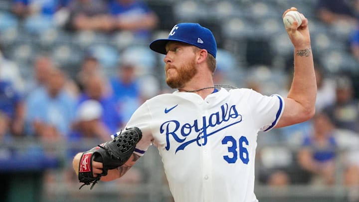 Aug 11, 2025; Kansas City, Missouri, USA; Kansas City Royals starting pitcher Bailey Falter (36) delivers a pitch against the Washington Nationals in the first inning at Kauffman Stadium. Mandatory Credit: Denny Medley-Imagn Images