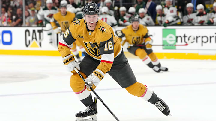 Apr 20, 2025; Las Vegas, Nevada, USA; Vegas Golden Knights left wing Pavel Dorofeyev (16) skates against the Minnesota Wild during the second period of game one of the first round of the 2025 Stanley Cup Playoffs at T-Mobile Arena. Mandatory Credit: Stephen R. Sylvanie-Imagn Images