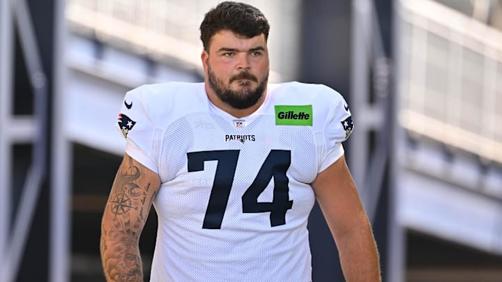 New England Patriots offensive lineman Jack Conley (74) heads to the practice fields for training camp at Gillette Stadium.