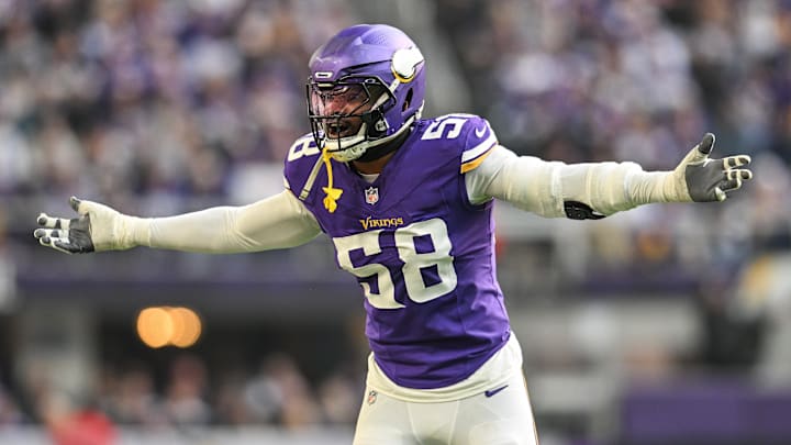 Dec 1, 2024; Minneapolis, Minnesota, USA; Minnesota Vikings linebacker Jonathan Greenard (58) reacts during the second quarter against the Arizona Cardinals at U.S. Bank Stadium. Dec 1, 2024; Minneapolis, Minnesota, USA; Minnesota Vikings linebacker Jonathan Greenard (58) reacts during the second quarter against the Arizona Cardinals at U.S. Bank Stadium.