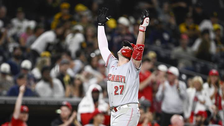 Jun 9, 2026; San Diego, California, USA; Cincinnati Reds first baseman Sal Stewart (27) celebrates after hitting a two-run home run during the 11th inning against the San Diego Padres at Petco Park. Mandatory Credit: Denis Poroy-Imagn Images Jun 9, 2026; San Diego, California, USA; Cincinnati Reds first baseman Sal Stewart (27) celebrates after hitting a two-run home run during the 11th inning against the San Diego Padres at Petco Park. Mandatory Credit: Denis Poroy-Imagn Images