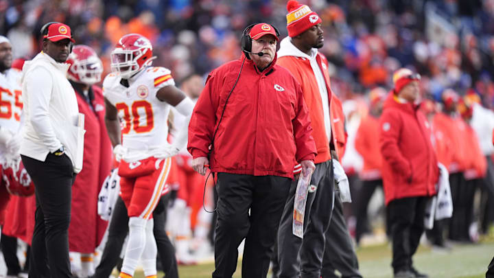 Jan 5, 2025; Denver, Colorado, USA; Kansas City Chiefs head coach Andy Reid during the second quarter against the Kansas City Chiefs at Empower Field at Mile High. Mandatory Credit: Ron Chenoy-Imagn Images