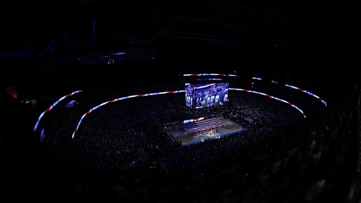 Apr 6, 2025; Tampa, FL, USA; A general view during the national anthem before the national championship of the women's 2025 NCAA tournament between the South Carolina Gamecocks and the Connecticut Huskies at Amalie Arena. Mandatory Credit: Nathan Ray Seebeck-Imagn Images Apr 6, 2025; Tampa, FL, USA; A general view during the national anthem before the national championship of the women's 2025 NCAA tournament between the South Carolina Gamecocks and the Connecticut Huskies at Amalie Arena. Mandatory Credit: Nathan Ray Seebeck-Imagn Images