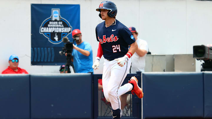 May 31, 2025; Oxford, MS, USA; Mississippi Rebels catcher Austin Fawley (24) rounds third as he runs after a home run during the second inning against the Western Kentucky Hilltoppers. Mandatory Credit: Petre Thomas-Imagn Images