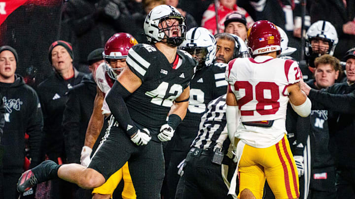 Nov 1, 2025; Lincoln, Nebraska, USA; Nebraska Cornhuskers linebacker Derek Wacker (42) celebrates after a tackle against the Southern California Trojans during the second quarter at Memorial Stadium. Nov 1, 2025; Lincoln, Nebraska, USA; Nebraska Cornhuskers linebacker Derek Wacker (42) celebrates after a tackle against the Southern California Trojans during the second quarter at Memorial Stadium.