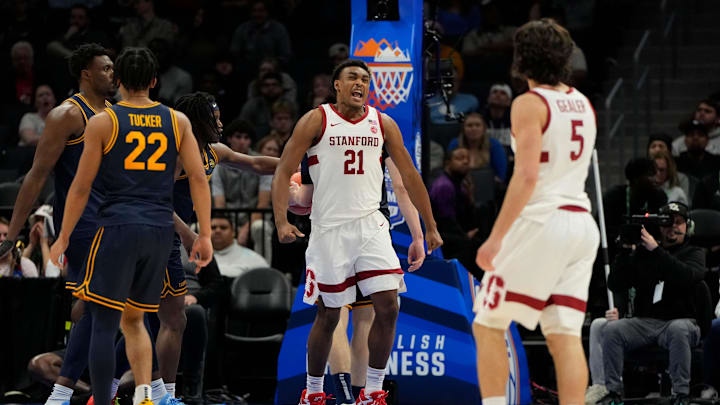 Mar 12, 2025; Charlotte, NC, USA; Stanford Cardinal guard Jaylen Blakes (21) reacts in the second half at Spectrum Center. Mandatory Credit: Bob Donnan-Imagn Images