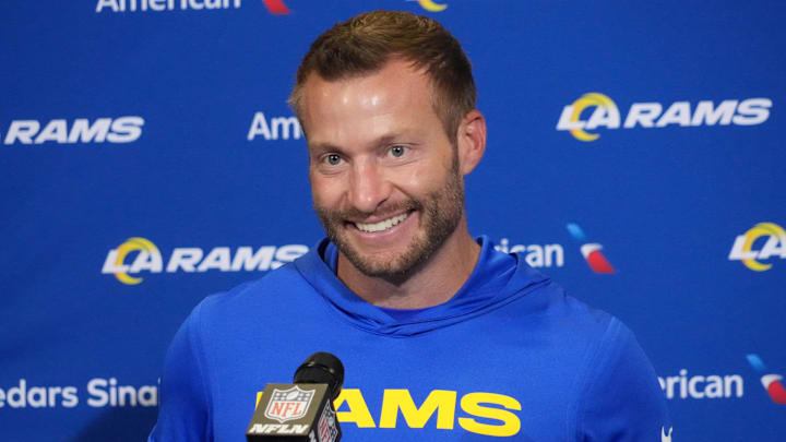 Oct 19, 2025; London, United Kingdom; Los Angeles Rams head coach Sean McVay at a press conference after a NFL International Series game against the Jacksonville Jaguars at Wembley Stadium. Mandatory Credit: Kirby Lee-Imagn Images Oct 19, 2025; London, United Kingdom; Los Angeles Rams head coach Sean McVay at a press conference after a NFL International Series game against the Jacksonville Jaguars at Wembley Stadium. Mandatory Credit: Kirby Lee-Imagn Images