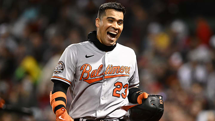 Sep 28, 2022; Boston, Massachusetts, USA; Baltimore Orioles catcher Robinson Chirinos (23) reacts after hitting a solo home run against the Boston Red Sox during the eighth inning at Fenway Park. Mandatory Credit: Brian Fluharty-Imagn Images