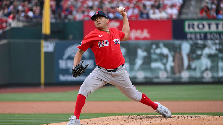 Apr 11, 2026; St. Louis, Missouri, USA; Boston Red Sox starting pitcher Ranger Suarez (55) pitches against the St. Louis Cardinals during the first inning at Busch Stadium. Mandatory Credit: Jeff Curry-Imagn Images