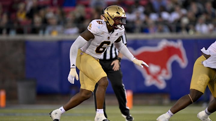 Nov 16, 2024; Dallas, Texas, USA; Boston College Eagles defensive end Donovan Ezeiruaku (6) in action during the game between the SMU Mustangs and the Boston College Eagles at Gerald J. Ford Stadium. Mandatory Credit: Jerome Miron-Imagn Images