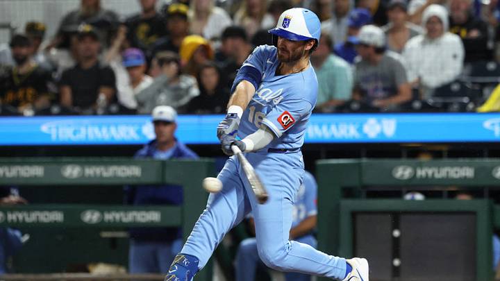 Sep 19, 2026; Pittsburgh, Pennsylvania, USA; Kansas City Royals right fielder John Rave (16) hits a single against the Pittsburgh Pirates during the fourth inning at PNC Park. Mandatory Credit: Charles LeClaire-Imagn Images Sep 19, 2026; Pittsburgh, Pennsylvania, USA; Kansas City Royals right fielder John Rave (16) hits a single against the Pittsburgh Pirates during the fourth inning at PNC Park. Mandatory Credit: Charles LeClaire-Imagn Images