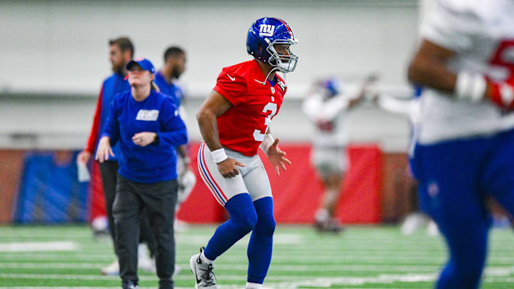 Jun 18, 2025; East Rutherford, NJ, USA; New York Giants quarterback Russell Wilson (3) warms up during minicamp at Quest Diagnostics Training Center. Mandatory Credit: John Jones-Imagn Images