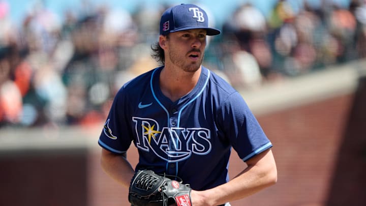 Aug 17, 2025; San Francisco, California, USA; Tampa Bay Rays pitcher Mason Englert (59) looks at the catcher for the sign against the San Francisco Giants during the seventh inning at Oracle Park. Mandatory Credit: Robert Edwards-Imagn Images