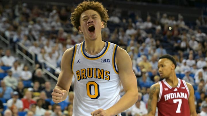 Jan 31, 2026; Los Angeles, California, USA; UCLA Bruins guard Trent Perry (0) reacts after he was fouled in the first half against the Indiana Hoosiers at Pauley Pavilion presented by Wescom Financial. Mandatory Credit: Jayne Kamin-Oncea-Imagn Images Jan 31, 2026; Los Angeles, California, USA; UCLA Bruins guard Trent Perry (0) reacts after he was fouled in the first half against the Indiana Hoosiers at Pauley Pavilion presented by Wescom Financial. Mandatory Credit: Jayne Kamin-Oncea-Imagn Images
